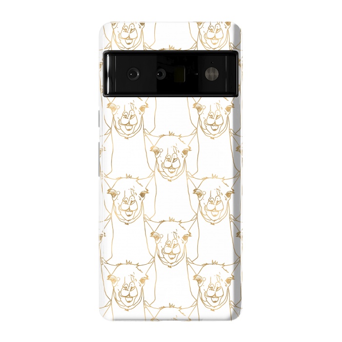 Pixel 6 Pro StrongFit Cute Gold Strokes Llama Animal White Pattern by InovArts