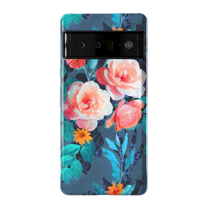 Pixel 6 Pro StrongFit Retro Rose Chintz in Radiant Coral on Blue by Micklyn Le Feuvre
