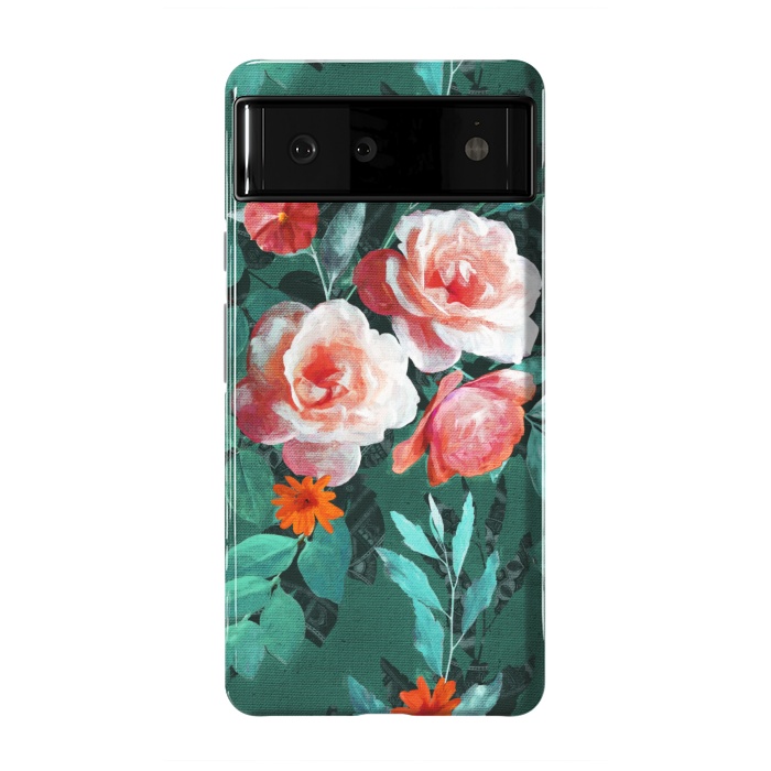 Pixel 6 StrongFit Retro Rose Chintz in Melon Pink on Dark Emerald Green by Micklyn Le Feuvre