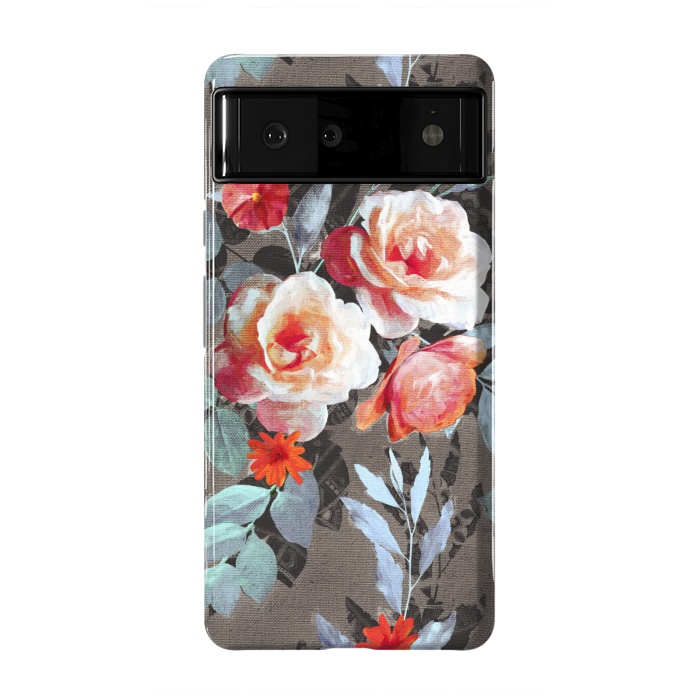 Pixel 6 StrongFit Retro Rose Chintz in Scarlet, Peach, Sage and Grey by Micklyn Le Feuvre