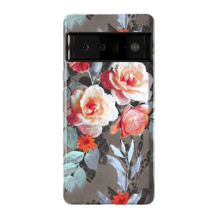Pixel 6 Pro StrongFit Retro Rose Chintz in Scarlet, Peach, Sage and Grey by Micklyn Le Feuvre
