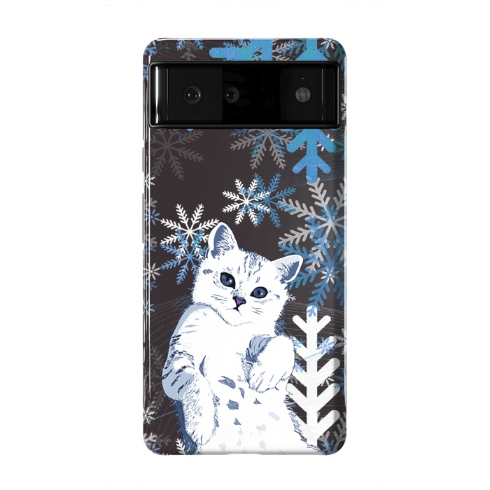 Pixel 6 StrongFit Cute kitty with blue metallic snowflakes by Oana 