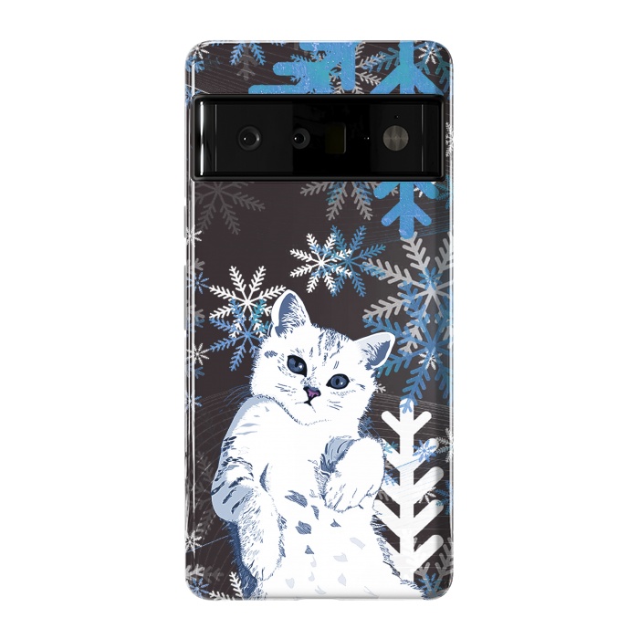 Pixel 6 Pro StrongFit Cute kitty with blue metallic snowflakes by Oana 