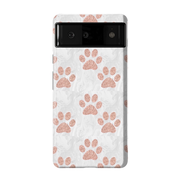 Pixel 6 StrongFit Rose Gold Paw Prints on Marble by Julie Erin Designs