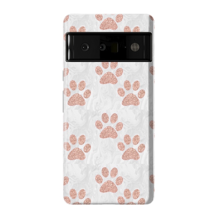 Pixel 6 Pro StrongFit Rose Gold Paw Prints on Marble by Julie Erin Designs