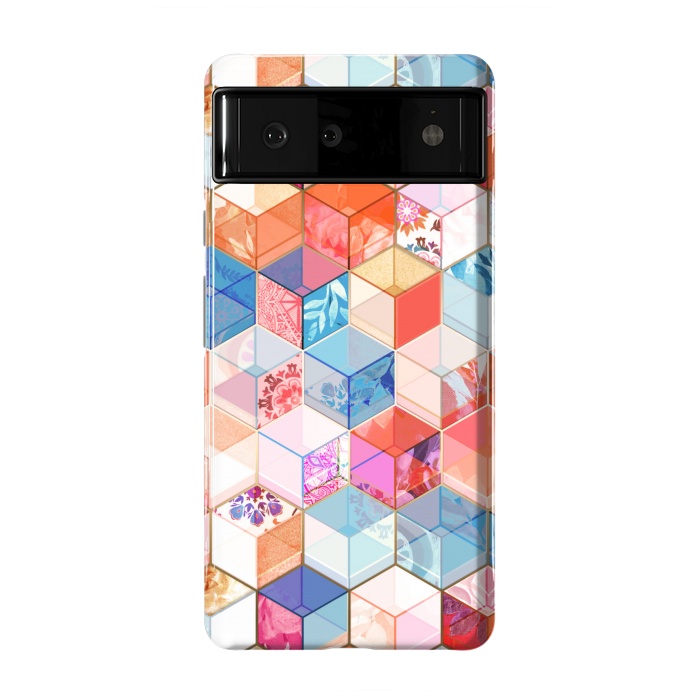 Pixel 6 StrongFit Coral, Cream and Cobalt Kaleidoscope Cubes by Micklyn Le Feuvre