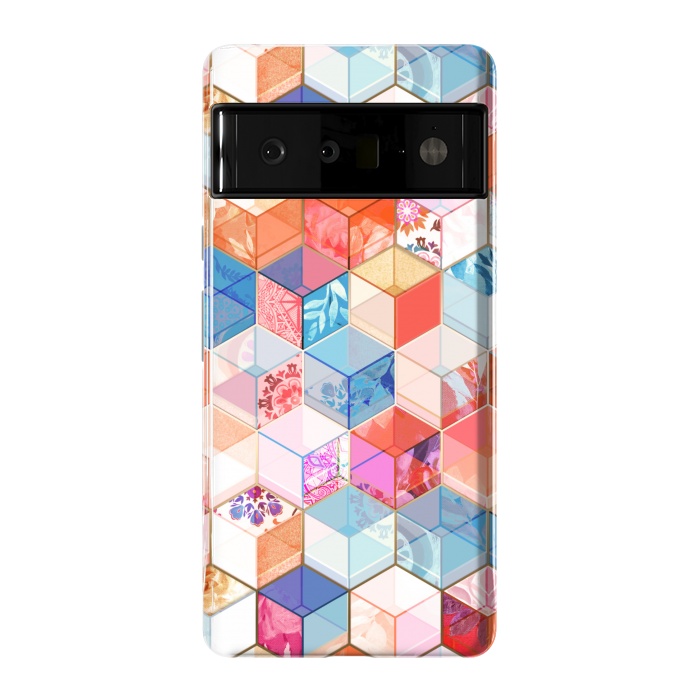 Pixel 6 Pro StrongFit Coral, Cream and Cobalt Kaleidoscope Cubes by Micklyn Le Feuvre