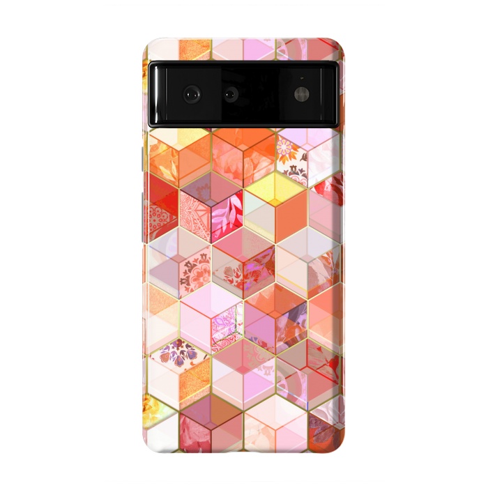 Pixel 6 StrongFit Gold and Garnet Kaleidoscope Cubes by Micklyn Le Feuvre