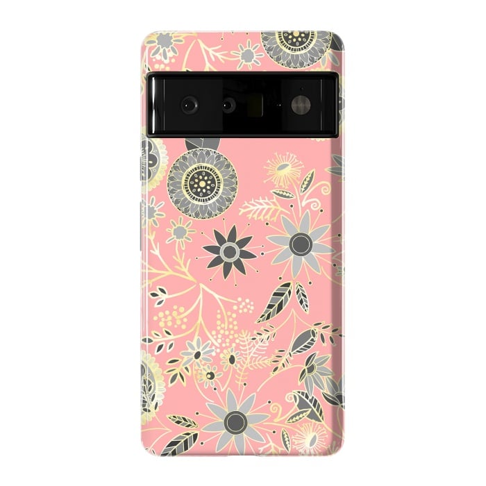 Pixel 6 Pro StrongFit Elegant Gray and Pink Folk Floral Golden Design by InovArts