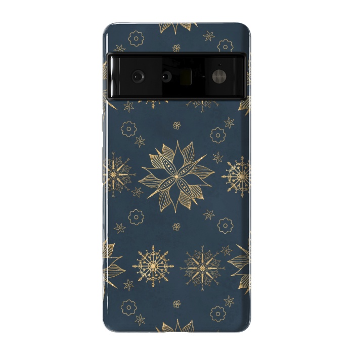 Pixel 6 Pro StrongFit Elegant Gold Blue Poinsettias Snowflakes Pattern by InovArts