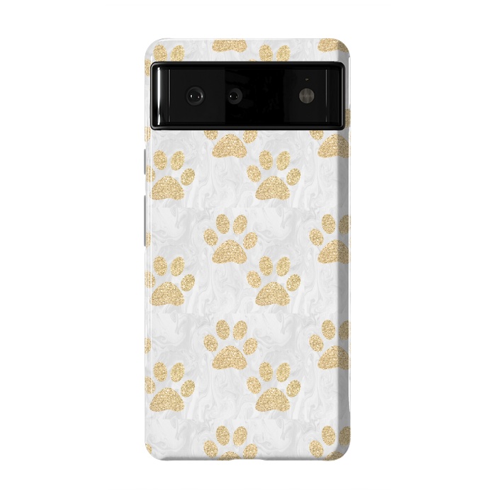 Pixel 6 StrongFit Gold Paw Prints on Marble by Julie Erin Designs