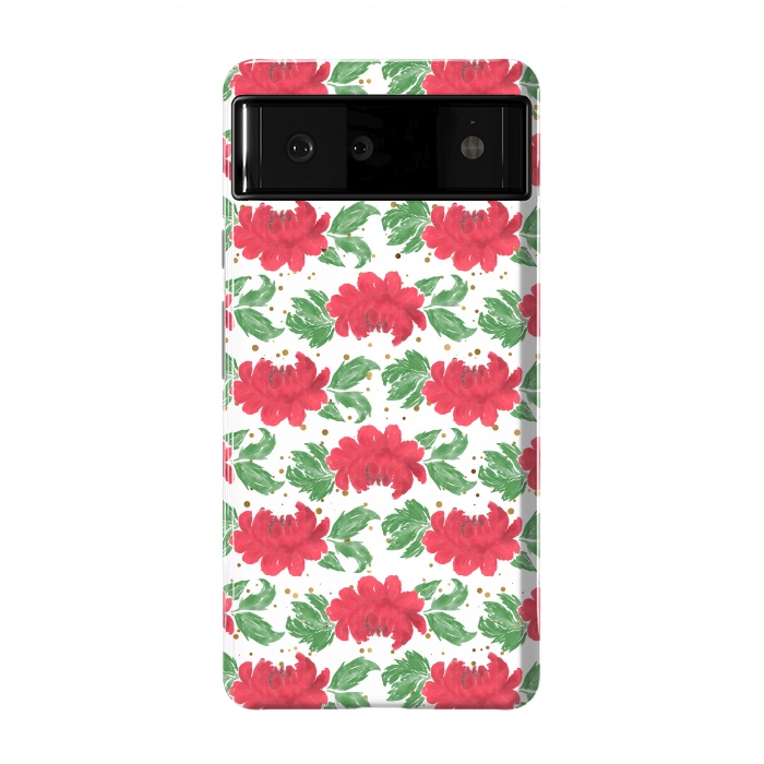 Pixel 6 StrongFit Watercolor Winter Red Flowers Gold Dots Artwork by InovArts