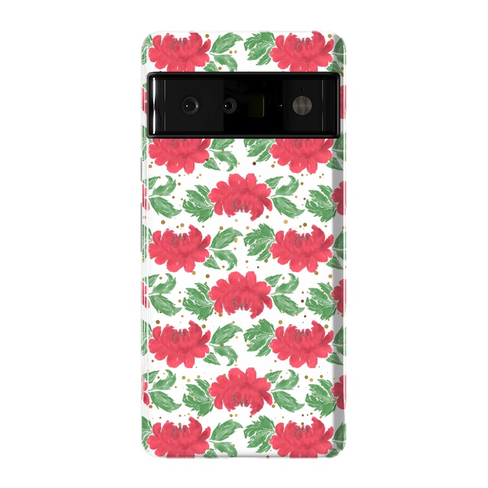 Pixel 6 Pro StrongFit Watercolor Winter Red Flowers Gold Dots Artwork by InovArts