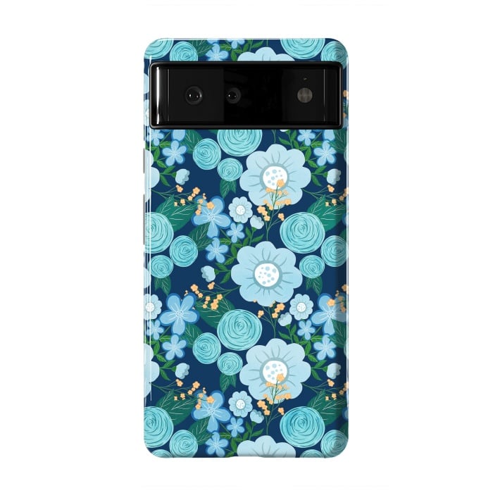 Pixel 6 StrongFit Cute Girly Blue Hand Drawn Flowers Pattern by InovArts