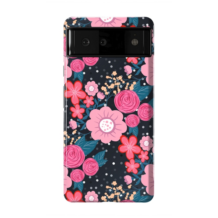 Pixel 6 StrongFit Pretty girly pink Floral Silver Dots Gray design by InovArts