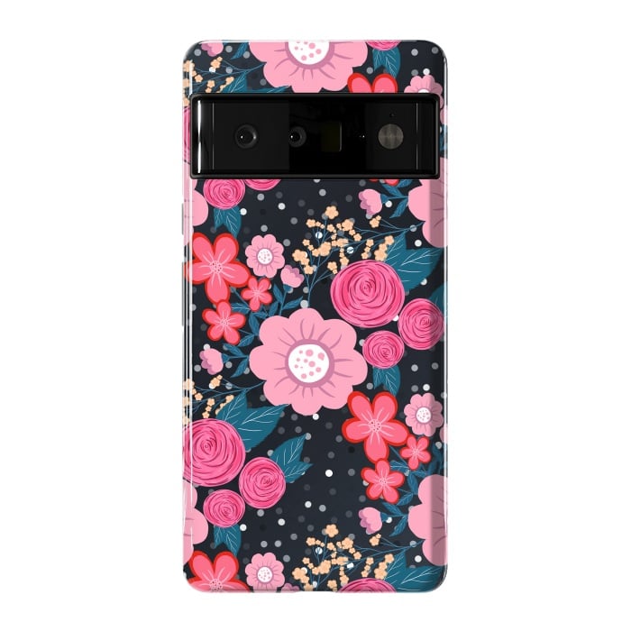 Pixel 6 Pro StrongFit Pretty girly pink Floral Silver Dots Gray design by InovArts