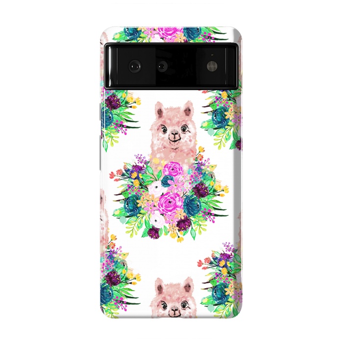 Pixel 6 StrongFit Cute Pink Alpaca and Flowers Watercolor paint by InovArts