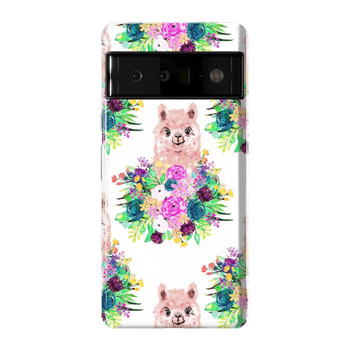 Pixel 6 Pro StrongFit Cute Pink Alpaca and Flowers Watercolor paint by InovArts