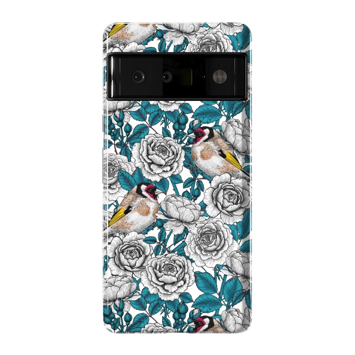 Pixel 6 Pro StrongFit White rose flowers and goldfinch birds by Katerina Kirilova