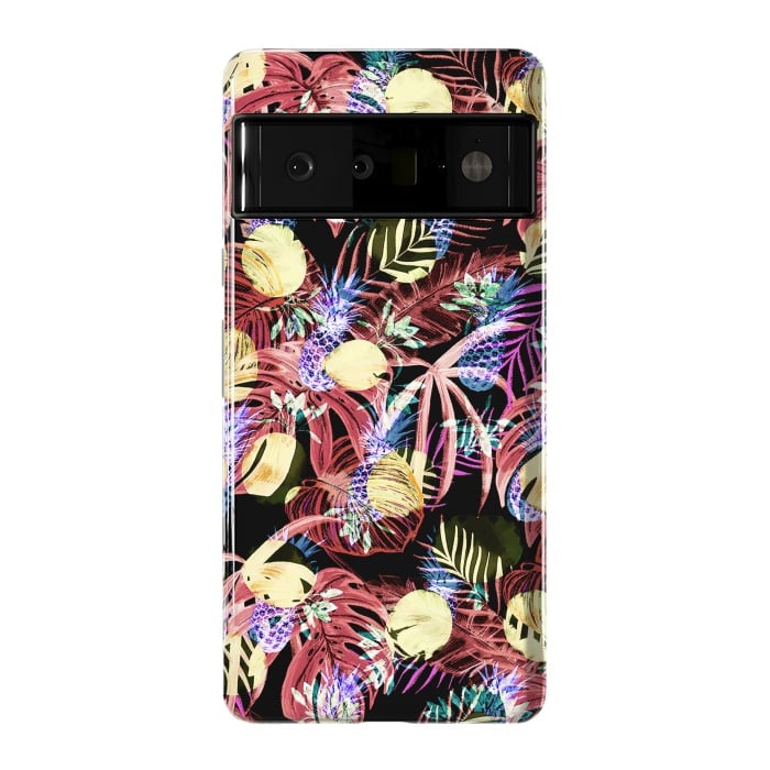 Pixel 6 Pro StrongFit Colourful painted tropical leaves and pineapples by Oana 