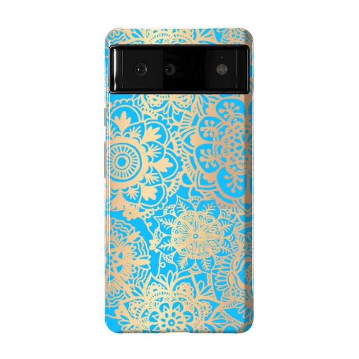 Pixel 6 StrongFit Light Blue and Gold Mandala Pattern by Julie Erin Designs
