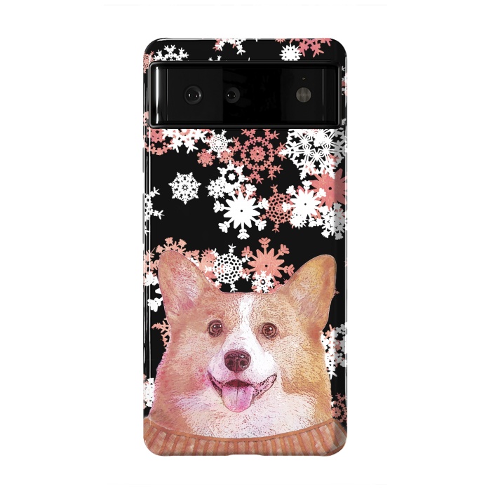 Pixel 6 StrongFit Cute corgi and white rose gold snowflakes by Oana 
