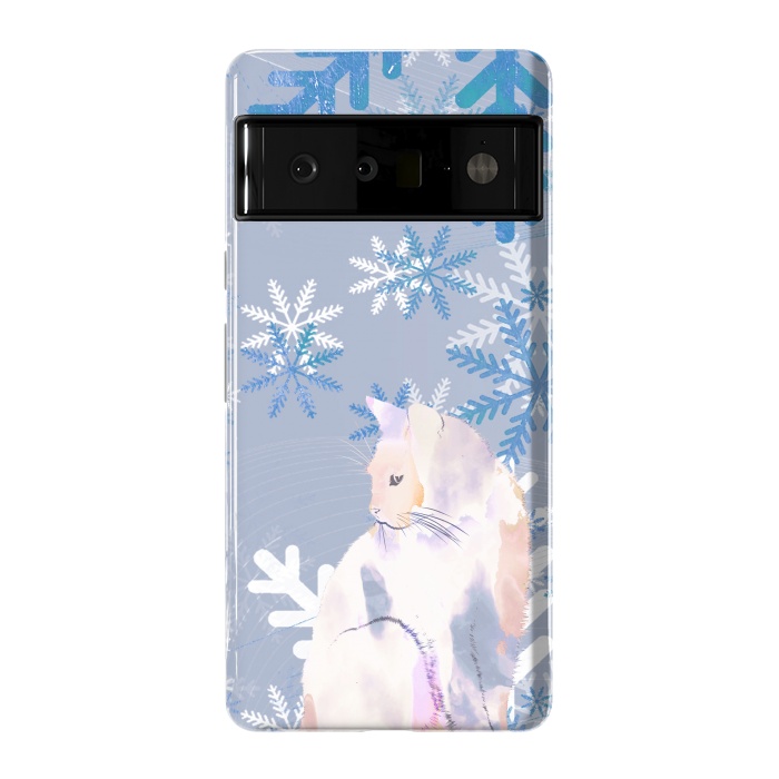 Pixel 6 Pro StrongFit Cat and metallic blue snowflakes watercolor illustration by Oana 