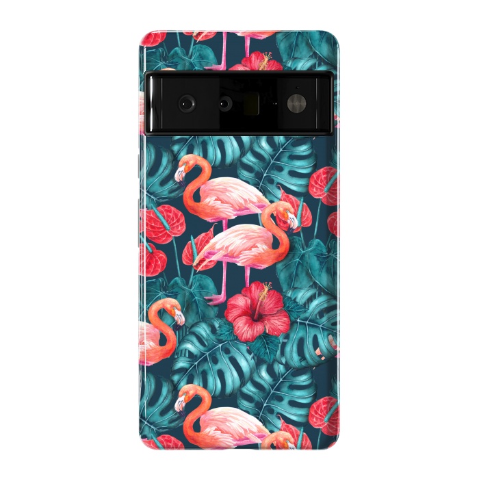Pixel 6 Pro StrongFit Flamingo birds and tropical garden watercolor by Katerina Kirilova