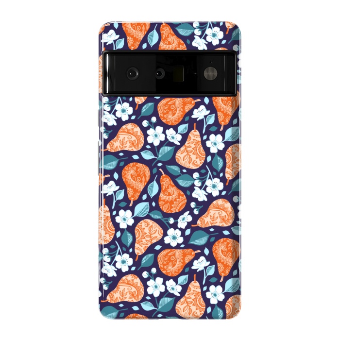 Pixel 6 Pro StrongFit Cheerful Pears in Orange on Navy Blue by Micklyn Le Feuvre