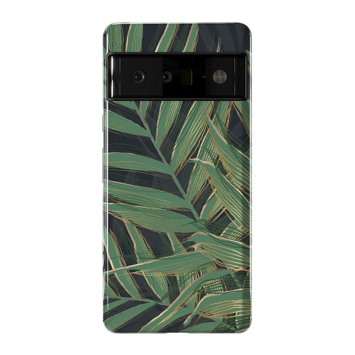 Pixel 6 Pro StrongFit Trendy Green Palm Leaves Gold Strokes Gray Design by InovArts