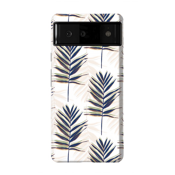 Pixel 6 StrongFit Modern Blue Palm Leaves Gold Strokes White Design by InovArts