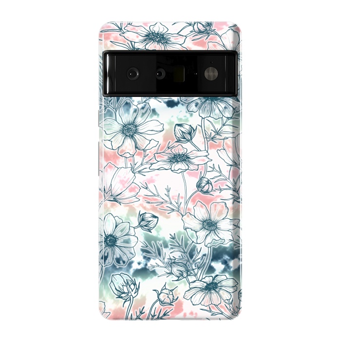 Pixel 6 Pro StrongFit Fields of Cosmos in Coral, Mint and Navy Tied Dye by gingerlique