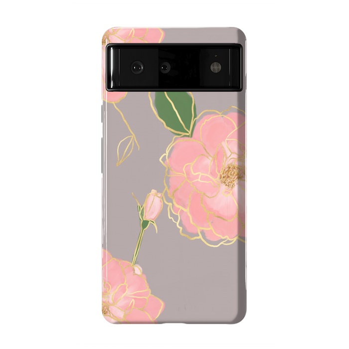 Pixel 6 StrongFit Elegant Pink & Gold Watercolor Roses Gray Design by InovArts