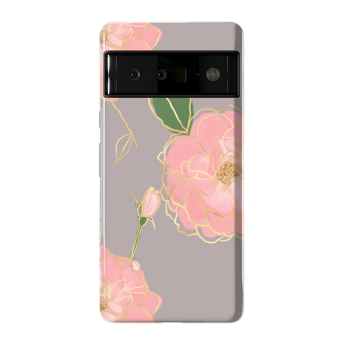 Pixel 6 Pro StrongFit Elegant Pink & Gold Watercolor Roses Gray Design by InovArts