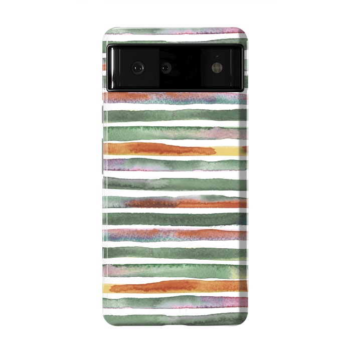 Pixel 6 StrongFit Watercolor Stripes and Lines Green Orange by Ninola Design