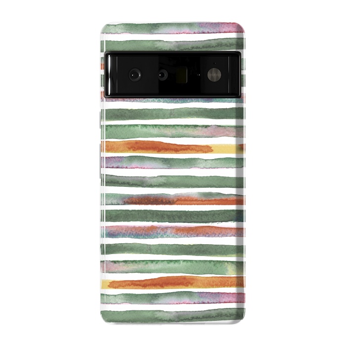 Pixel 6 Pro StrongFit Watercolor Stripes and Lines Green Orange by Ninola Design