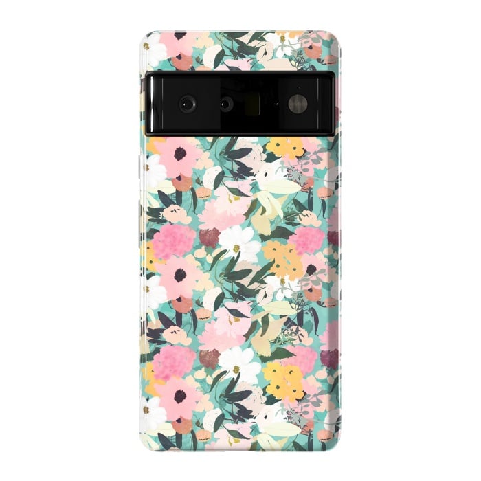 Pixel 6 Pro StrongFit Pretty Watercolor Pink & White Floral Green Design by InovArts