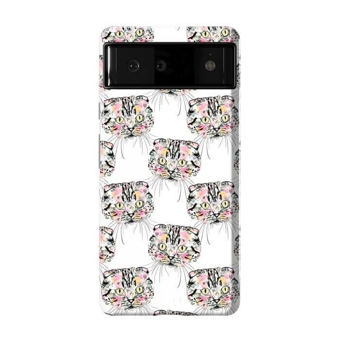 Pixel 6 StrongFit Cute Pink Cat & watercolor flowers Animal Pattern by InovArts