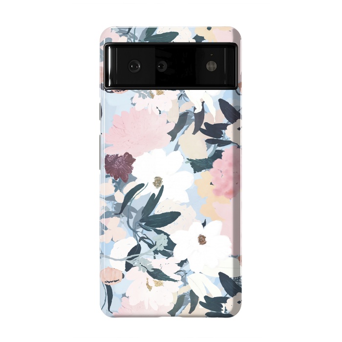 Pixel 6 StrongFit Pretty Grayish Blue Watercolor Pink & White Floral Design by InovArts