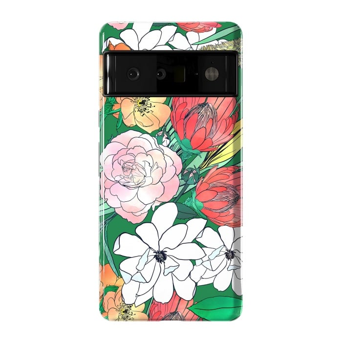 Pixel 6 Pro StrongFit Colorful Hand Drawn Flowers Green Girly Design by InovArts