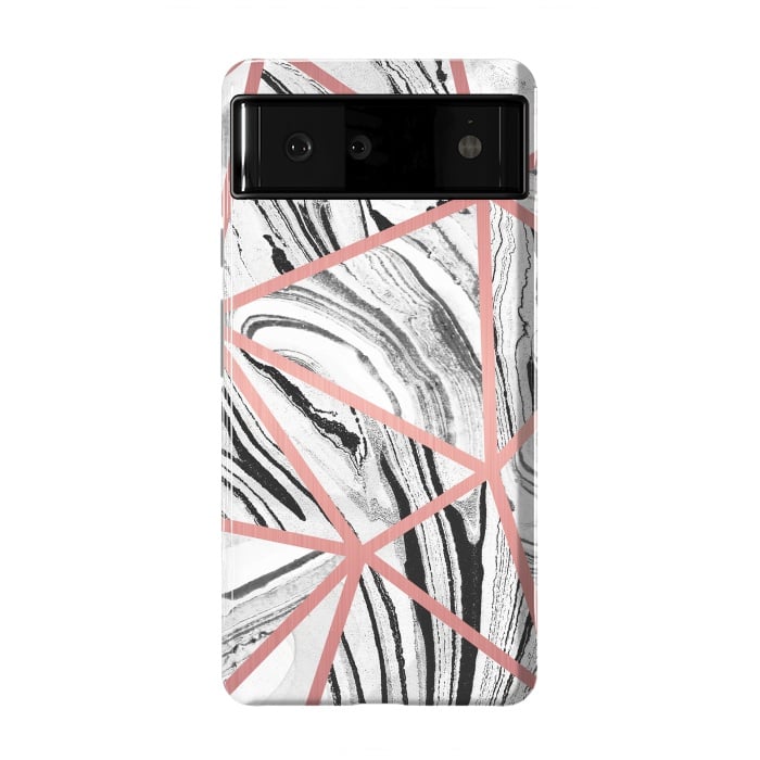 Pixel 6 StrongFit White marble with black stripes and rose gold triangles by Oana 