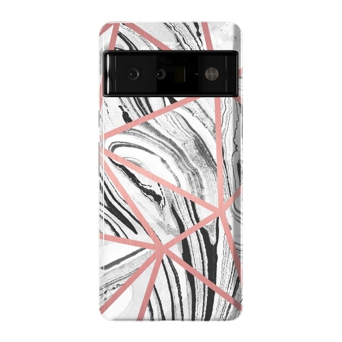 Pixel 6 Pro StrongFit White marble with black stripes and rose gold triangles by Oana 