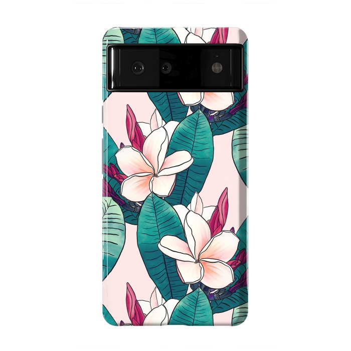 Pixel 6 StrongFit Trendy Tropical Plumeria Flowers Green Foliage Design by InovArts