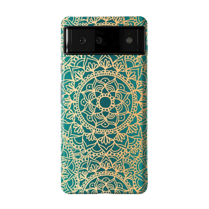 Pixel 6 StrongFit Teal Green and Yellow Mandala Pattern by Julie Erin Designs
