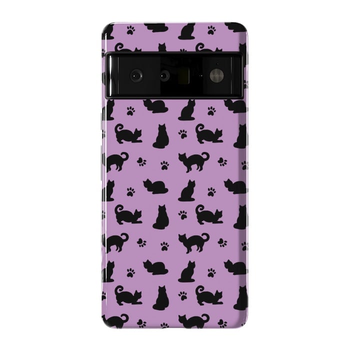 Pixel 6 Pro StrongFit Black and Purple Cats and Paw Prints Pattern by Julie Erin Designs