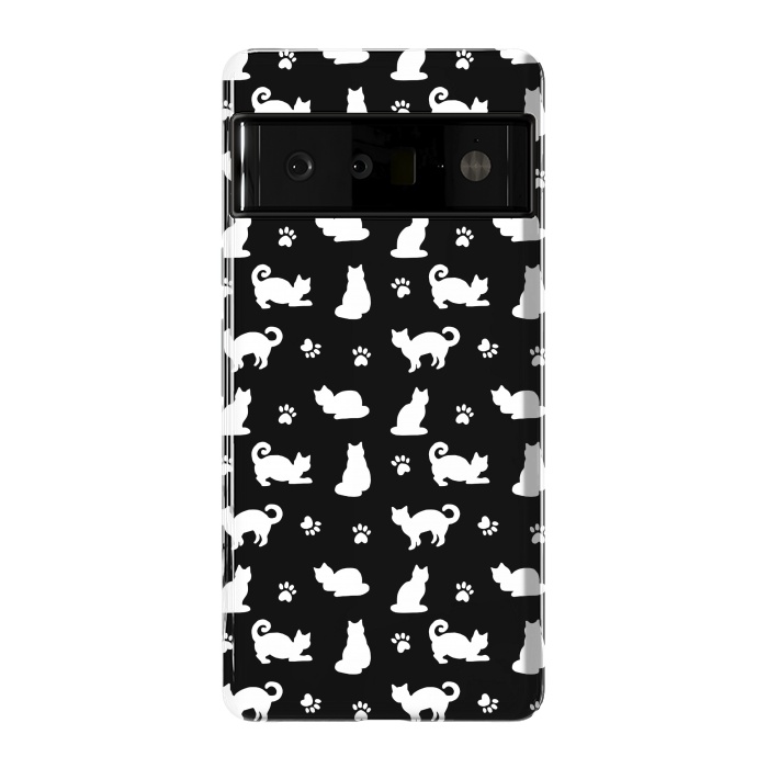 Pixel 6 Pro StrongFit Black and White Cats and Paw Prints Pattern by Julie Erin Designs