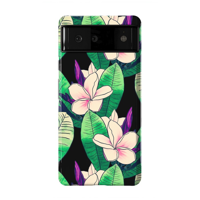 Pixel 6 StrongFit Stylish Plumeria Flower Tropical Green Foliage Design by InovArts
