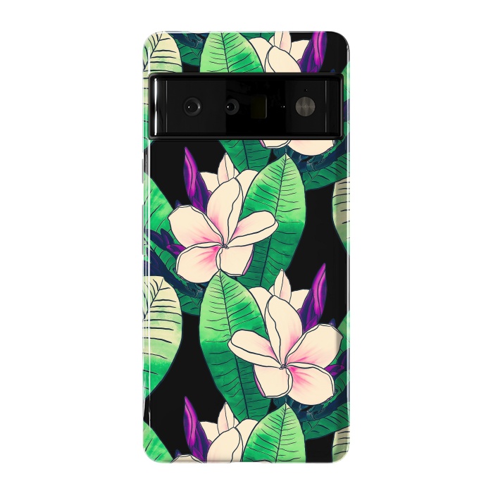 Pixel 6 Pro StrongFit Stylish Plumeria Flower Tropical Green Foliage Design by InovArts