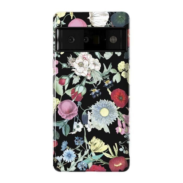Pixel 6 Pro StrongFit Elegant botanical flowers on black background by Oana 