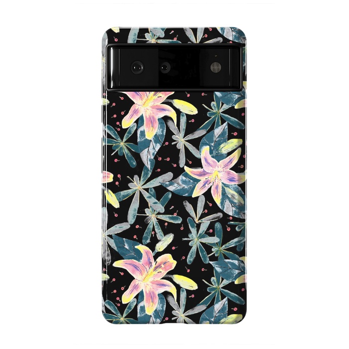 Pixel 6 StrongFit Painted flowers and tropical leaves - dark green by Oana 